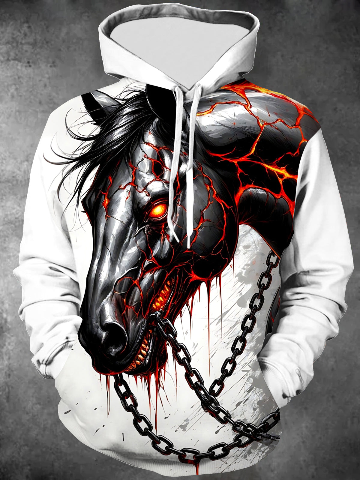 Adaychic Men's Graphic Dark Horse Head Print Long Sleeve Hoodie with Chest Pocket