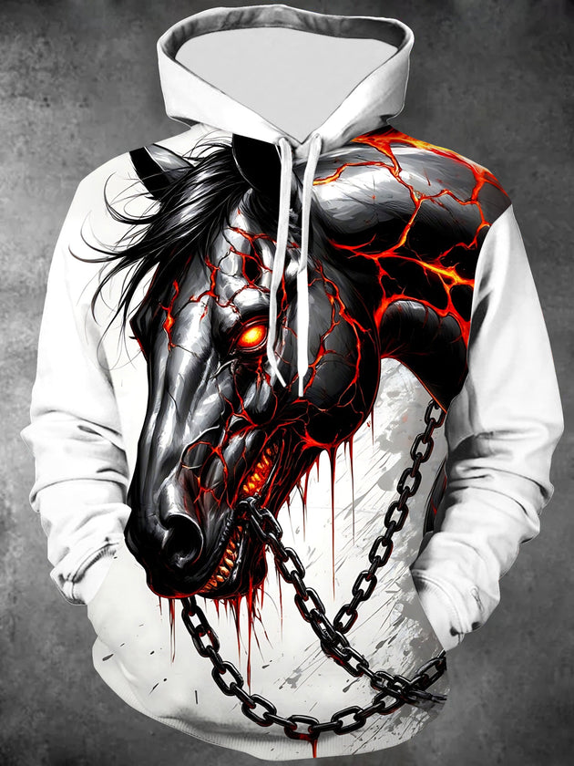 Adaychic Men's Graphic Dark Horse Head Print Long Sleeve Hoodie with Chest Pocket