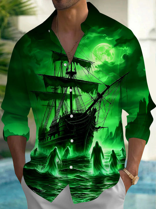 Adaychic Men's Graphic Ghost Ship Print Full Moon Print Long Sleeve Shirt with Chest Pocket