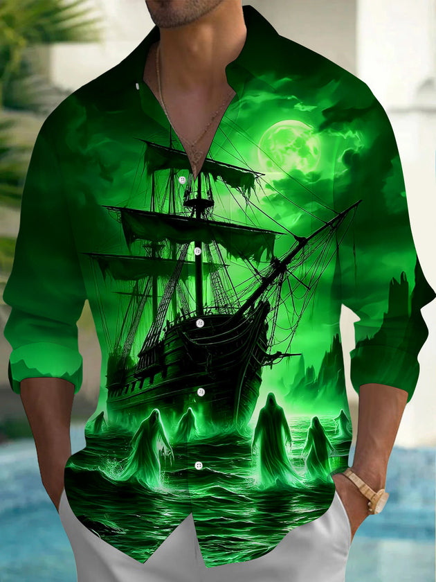 Adaychic Men's Graphic Ghost Ship Print Full Moon Print Long Sleeve Shirt with Chest Pocket