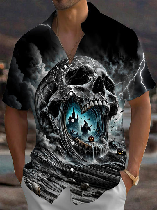 Adaychic Men's Graphic Skull Wizard Print Short Sleeve Shirt with Chest Pocket