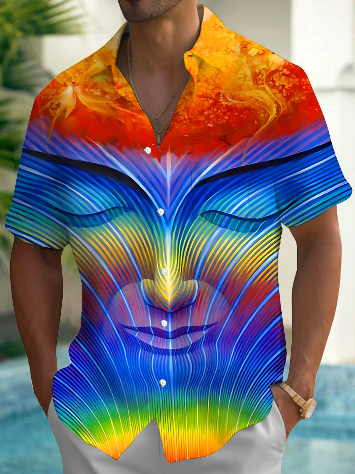 Adaychic Men's Graphic Abstract Face Print Short Sleeve Shirt with Chest Pocket