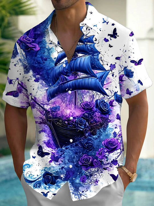 Adaychic Men's Graphic Sailing Ship Print Butterfly Print Short Sleeve Shirt with Chest Pocket