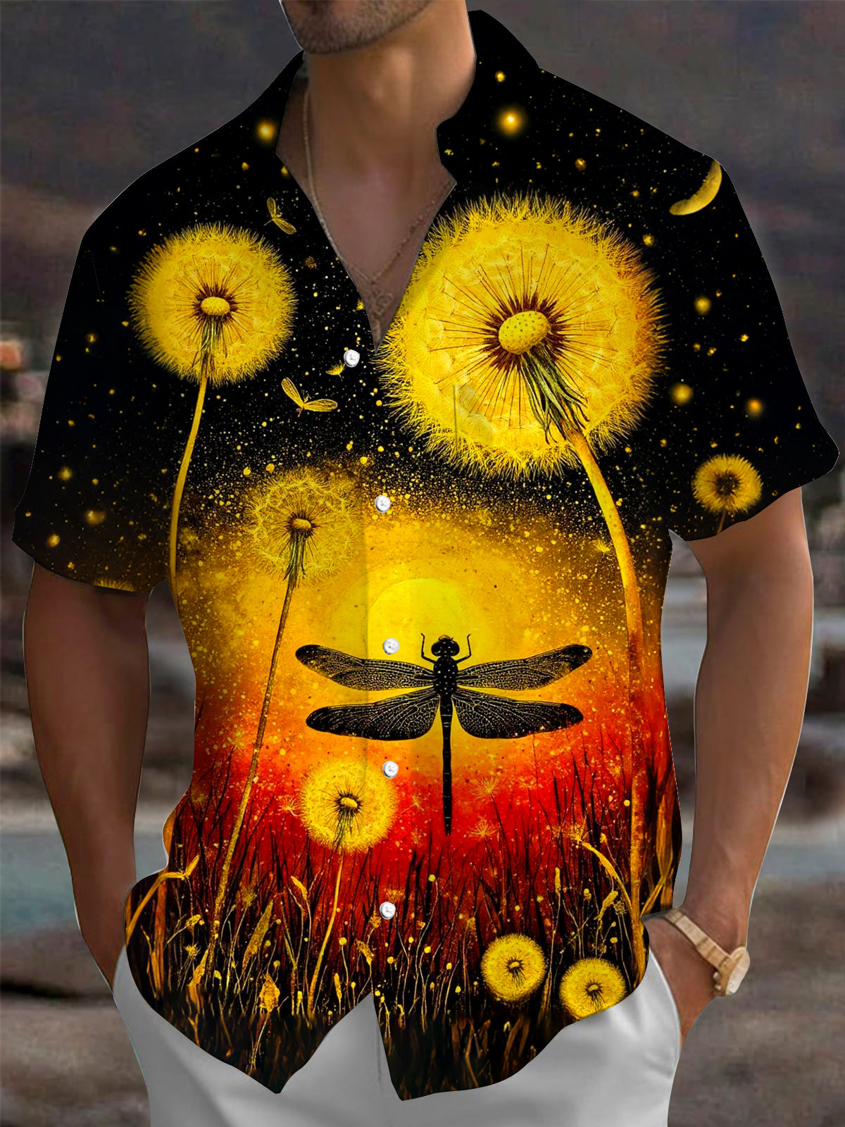 Adaychic Men's Hawaiian Dandelion Print Short Sleeve Shirt with Chest Pocket