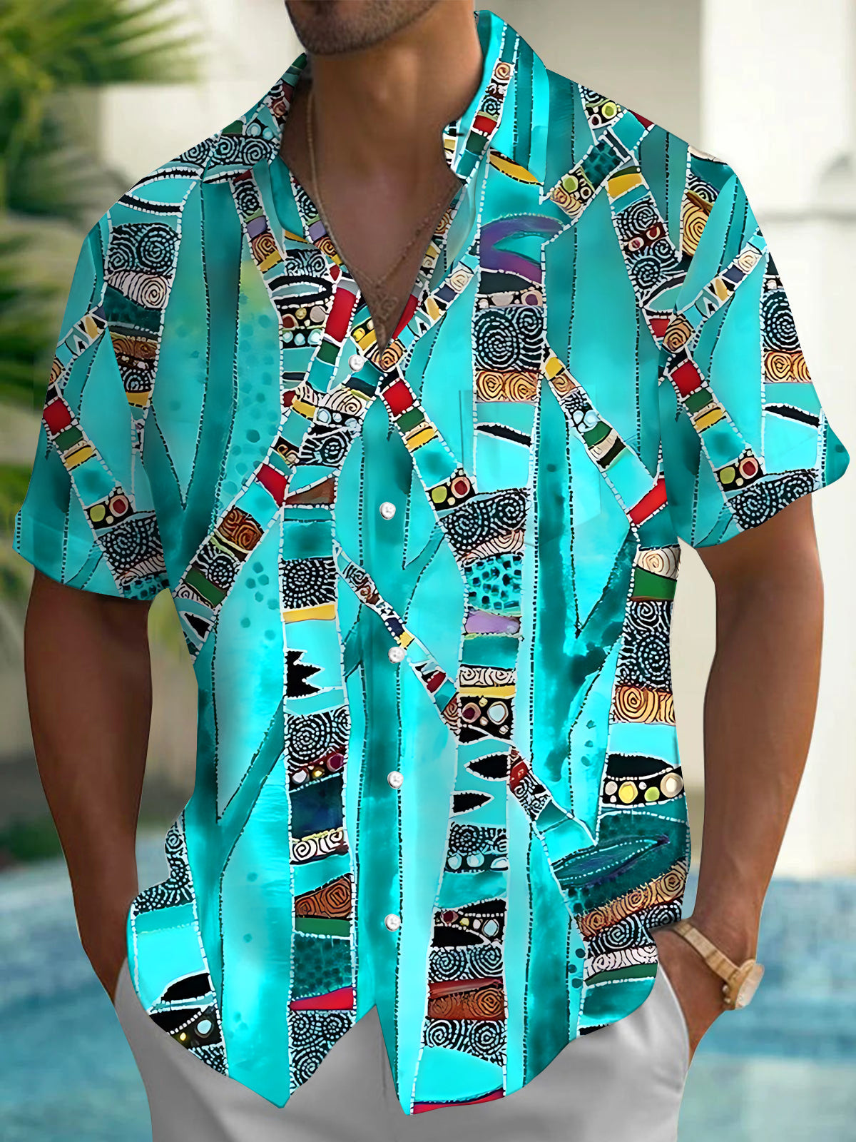 Adaychic Men's Vintage Style Abstract Geometric Pattern Short Sleeve Shirt with Chest Pocket