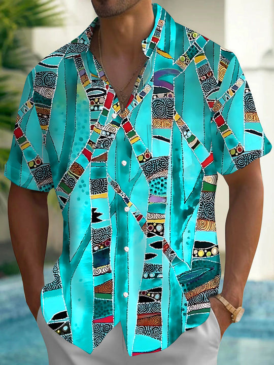 Adaychic Men's Vintage Style Abstract Geometric Pattern Short Sleeve Shirt with Chest Pocket