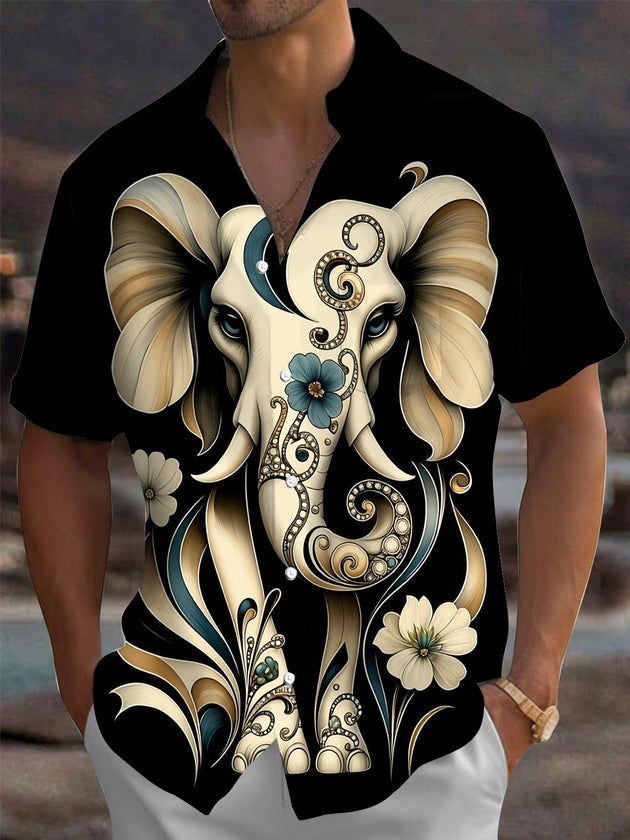 Adaychic Men's Graphic Elephant Portrait Print Short Sleeve Shirt with Chest Pocket