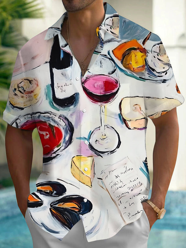 Adaychic Men's Graphic Pattern Print Short Sleeve Shirt with Chest Pocket