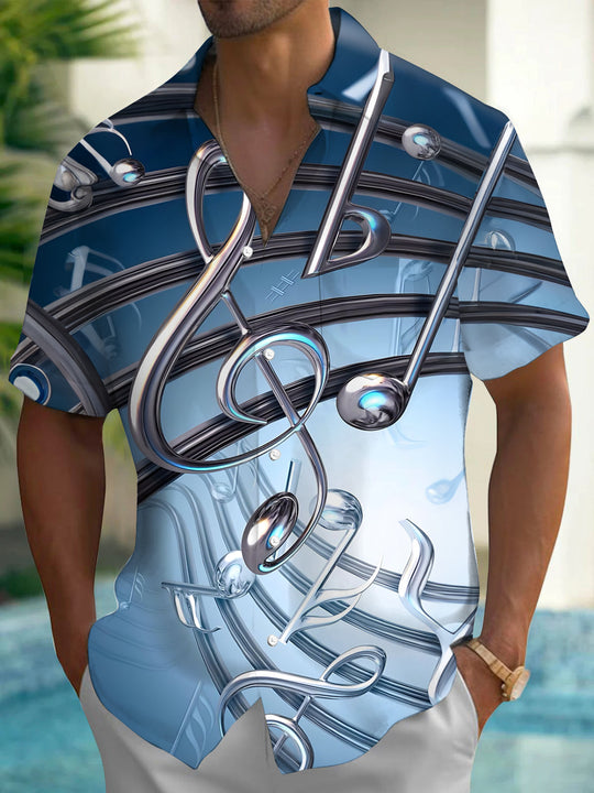 Adaychic Men's 3D 3D Musical Notes Print Short Sleeve Shirt with Chest Pocket