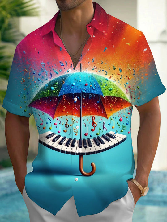Adaychic Men's Graphic Rainbow Umbrella Print Short Sleeve Shirt with Chest Pocket