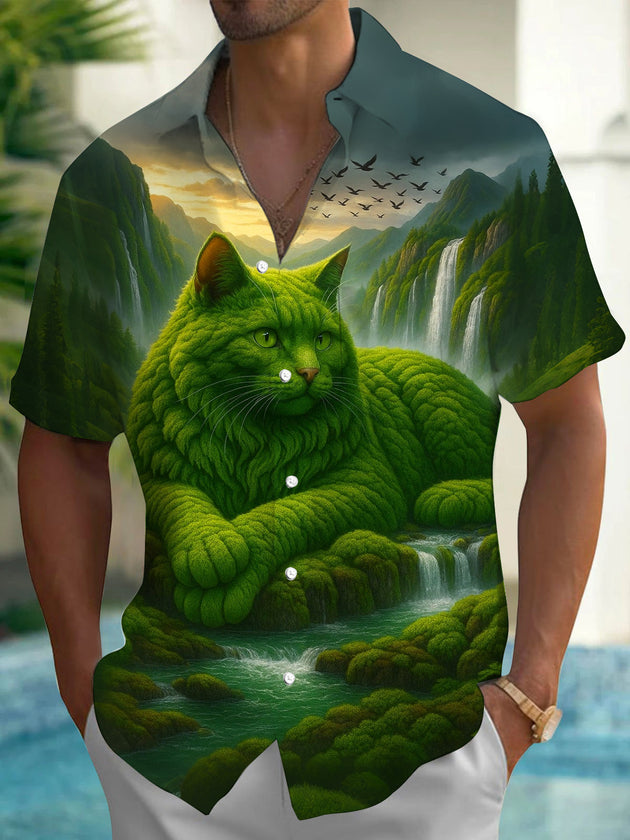 Adaychic Men's Graphic Green Cat Landscape Print Short Sleeve Shirt with Chest Pocket
