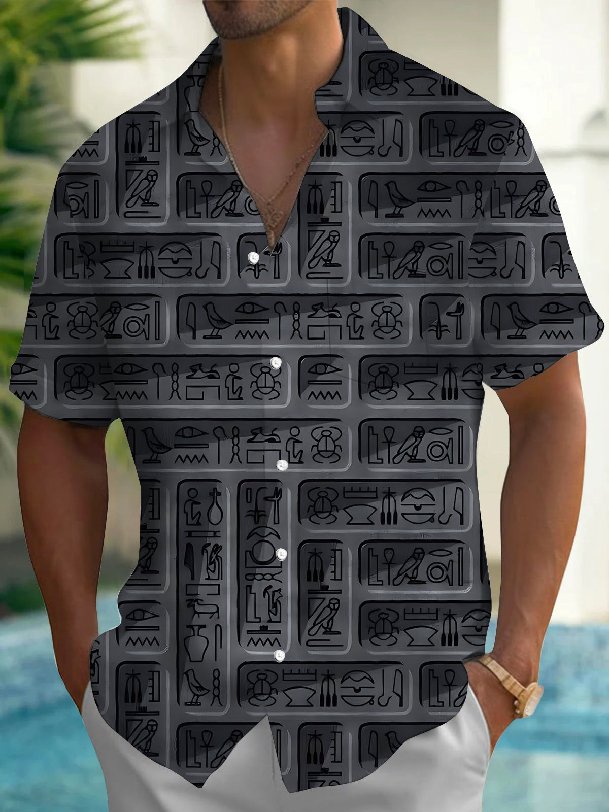 Adaychic Men's Ancient Egyptian Hieroglyphs Print Short Sleeve Shirt with Chest Pocket