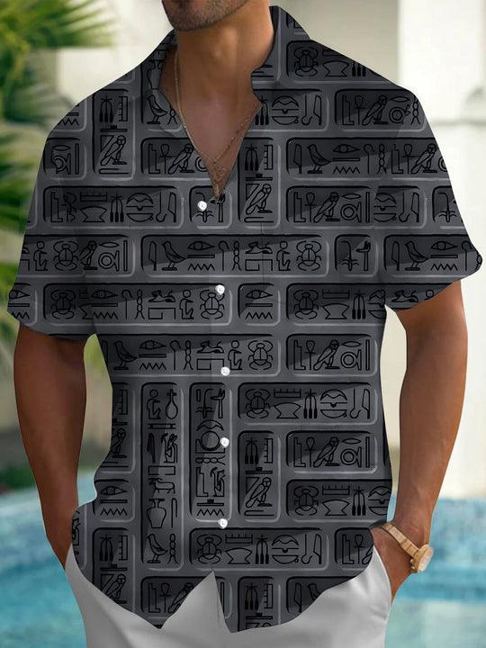 Adaychic Men's Ancient Egyptian Hieroglyphs Print Short Sleeve Shirt with Chest Pocket