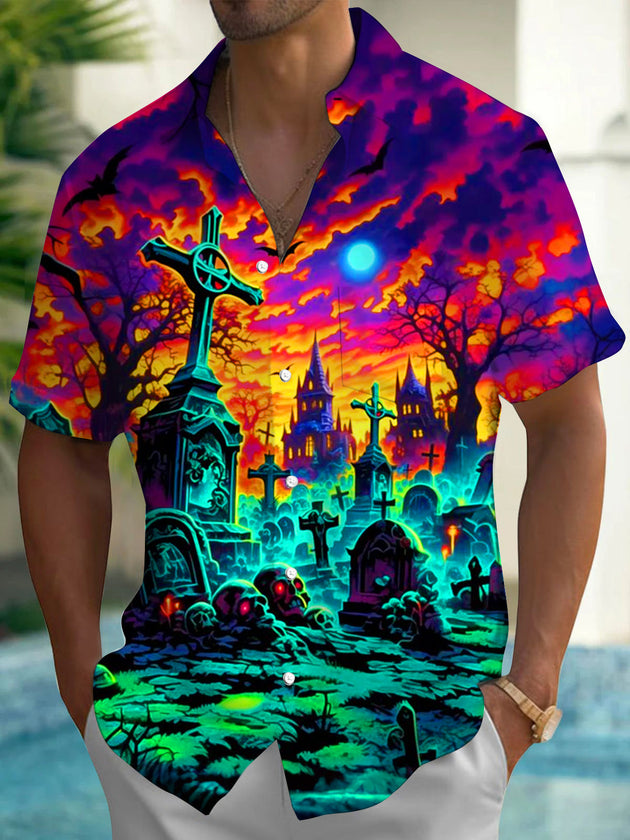 Adaychic Men's Graphic Halloween Graveyard Print Short Sleeve Shirt with Chest Pocket