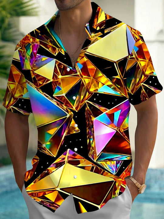 Adaychic Men's 3D 3D Geometric Crystal Pattern Short Sleeve Shirt with Chest Pocket