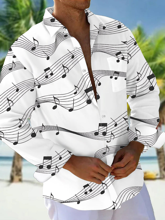 Adaychic Men's Graphic Music Notes Print Musical Staff Print Long Sleeve Shirt with Chest Pocket