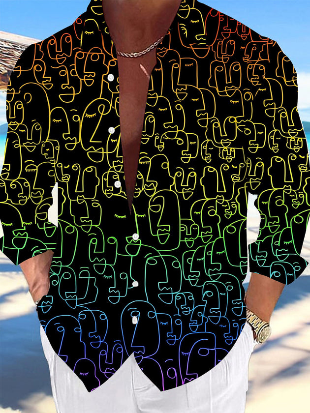 Adaychic Men's Graphic Abstract Face Line Print Long Sleeve Shirt with Chest Pocket