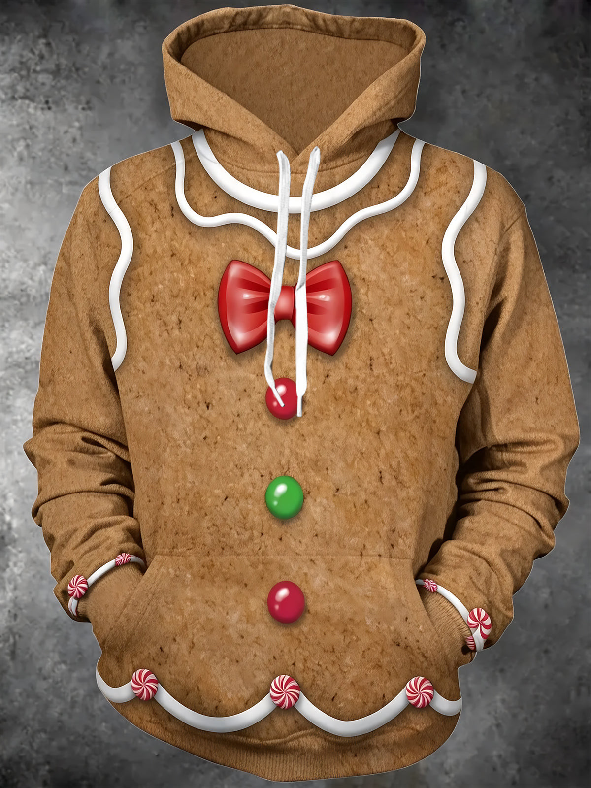 Adaychic Men's Printed Gingerbread Man Print Long Sleeve Hoodie with Chest Pocket