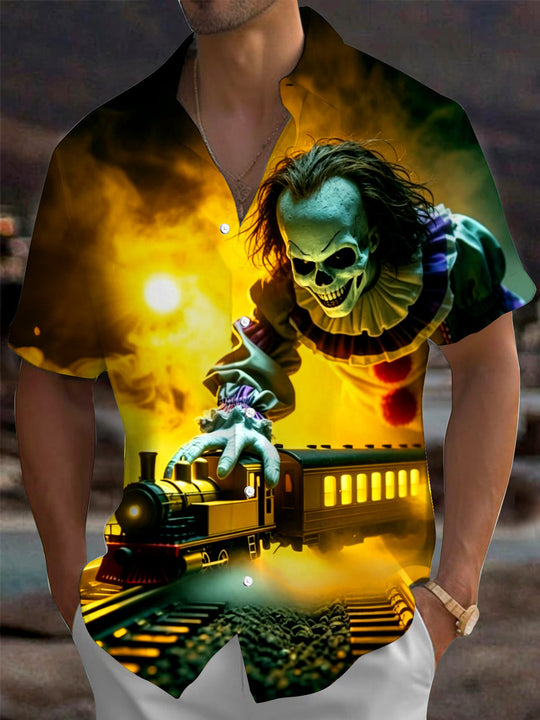Adaychic Men's Graphic Train Print Halloween Print Short Sleeve Shirt with Chest Pocket