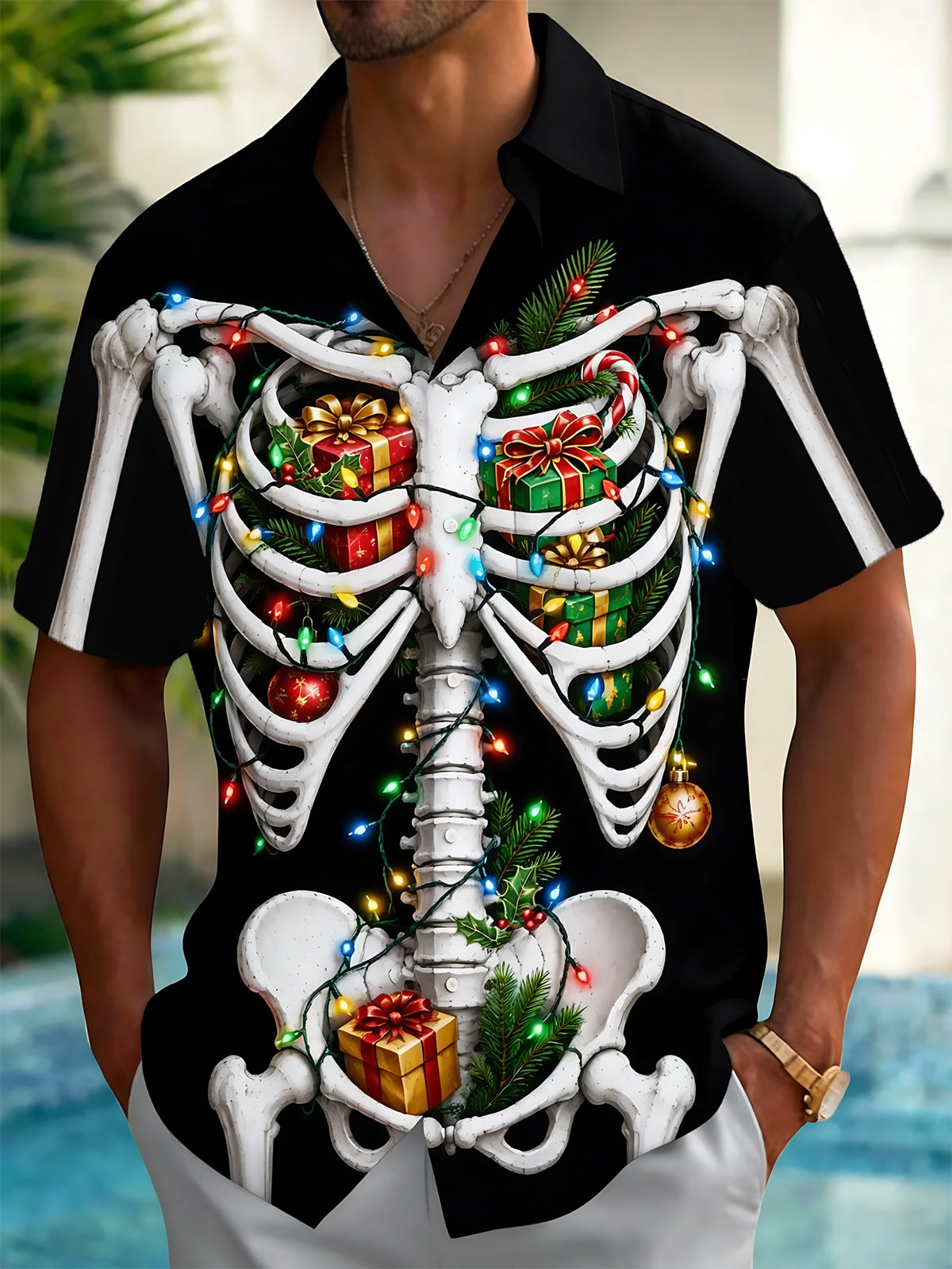 Adaychic Men's Graphic Christmas Skeleton Print Short Sleeve Shirt with Chest Pocket