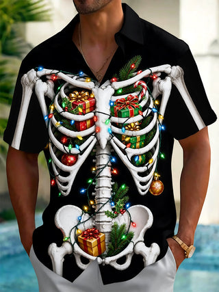 Adaychic Men's Graphic Christmas Skeleton Print Short Sleeve Shirt with Chest Pocket