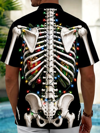 Adaychic Men's Graphic Christmas Skeleton Print Short Sleeve Shirt with Chest Pocket