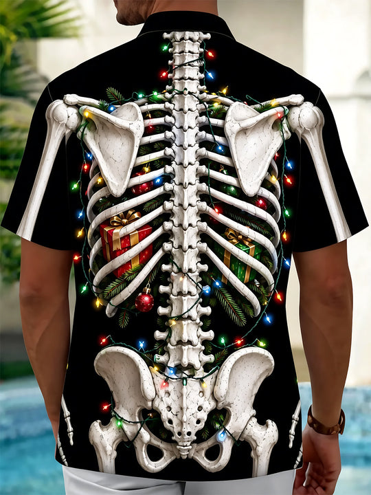 Adaychic Men's Graphic Christmas Skeleton Print Short Sleeve Shirt with Chest Pocket