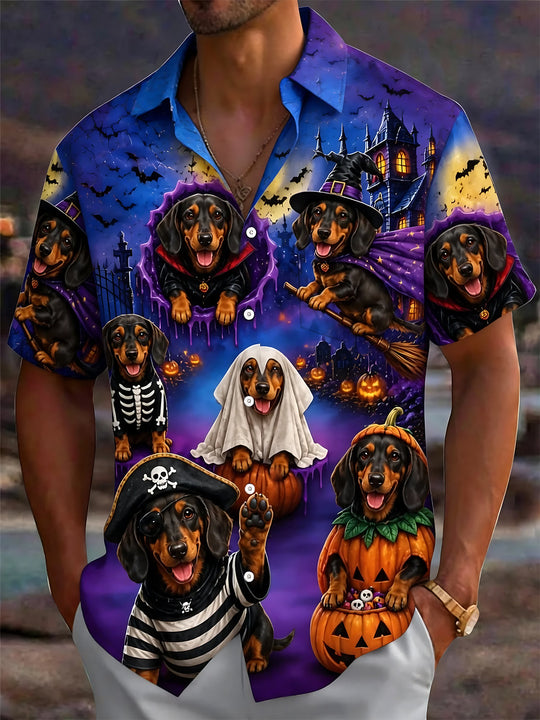 Adaychic Men's Graphic Halloween Dachshund Print Short Sleeve Shirt with Chest Pocket
