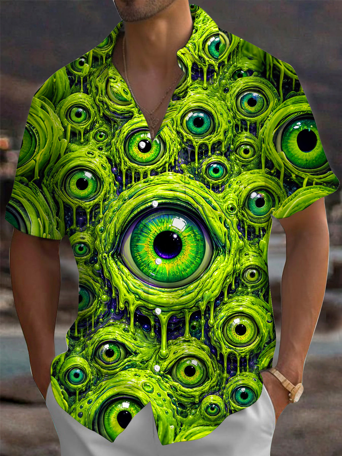 Adaychic Men's Graphic Green Slime Eyes Print Short Sleeve Shirt with Chest Pocket