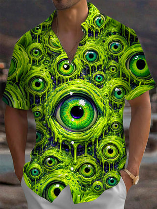 Adaychic Men's Graphic Green Slime Eyes Print Short Sleeve Shirt with Chest Pocket