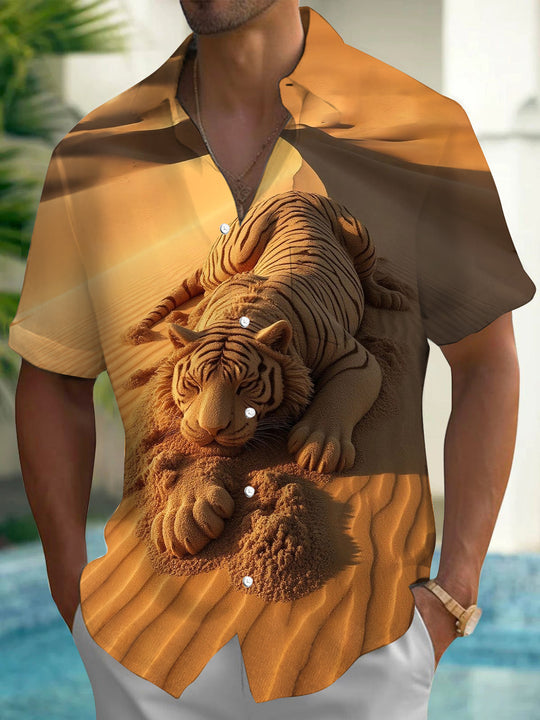 Adaychic Men's Printed Sand Tiger Print Short Sleeve Shirt with Chest Pocket