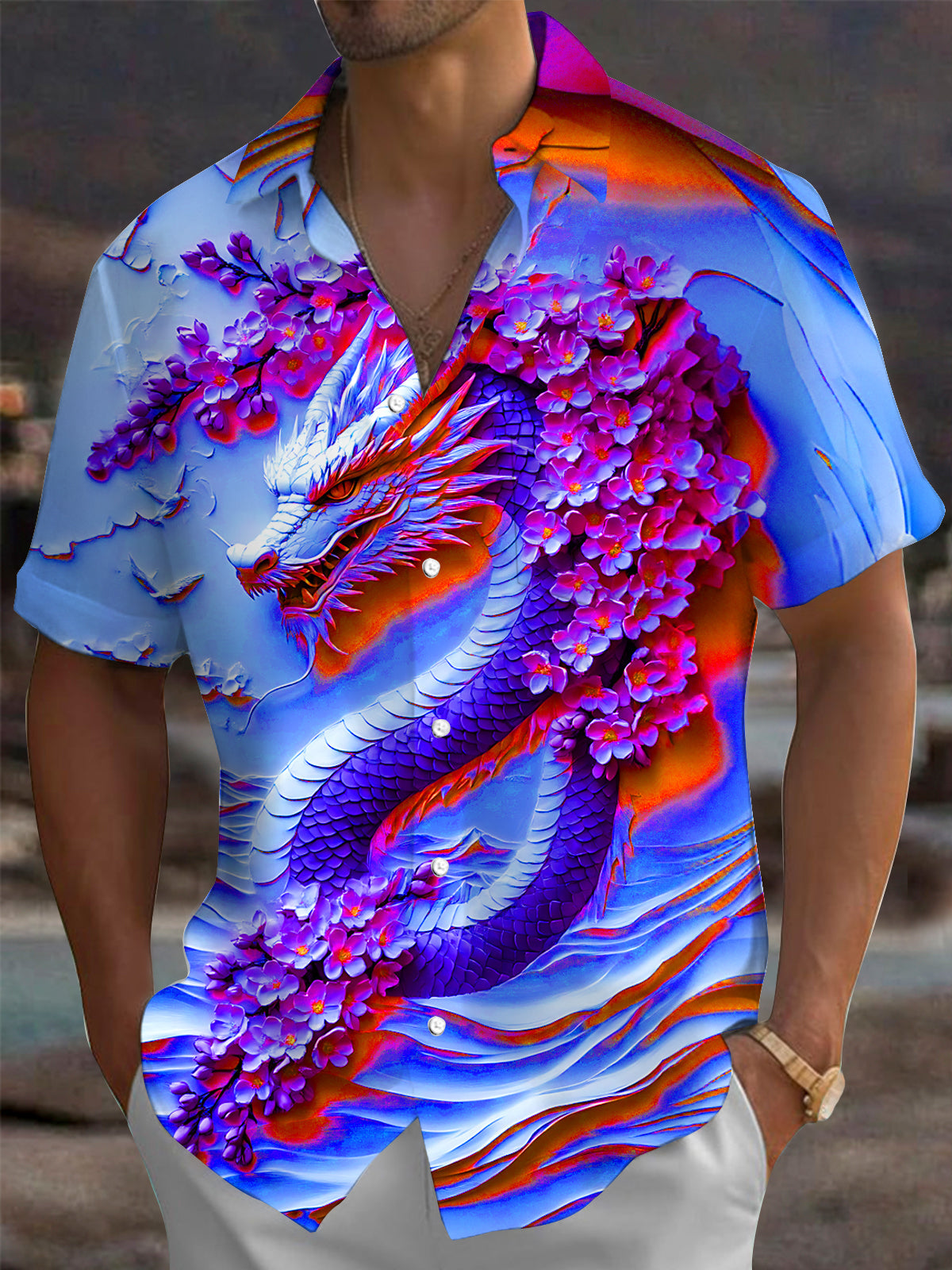 Adaychic Men's Graphic Dragon Print Floral Print Short Sleeve Shirt with Chest Pocket