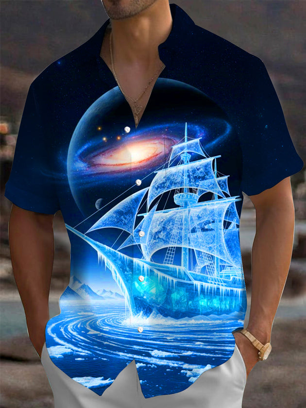 Adaychic Men's Graphic Galaxy Planet Print Short Sleeve Shirt with Chest Pocket