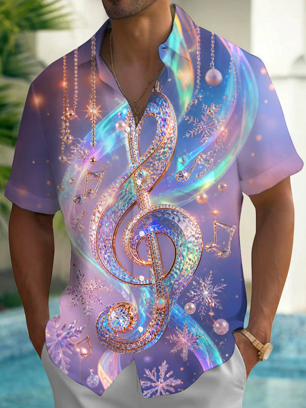 Adaychic Men's Graphic Jeweled Treble Clef Print Short Sleeve Shirt with Chest Pocket