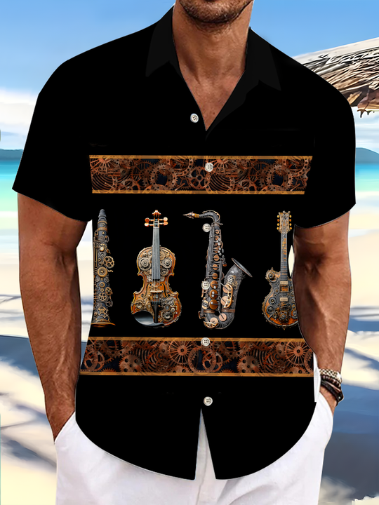 Adaychic Men's Graphic Steampunk Musical Instruments Print Short Sleeve Shirt with Chest Pocket