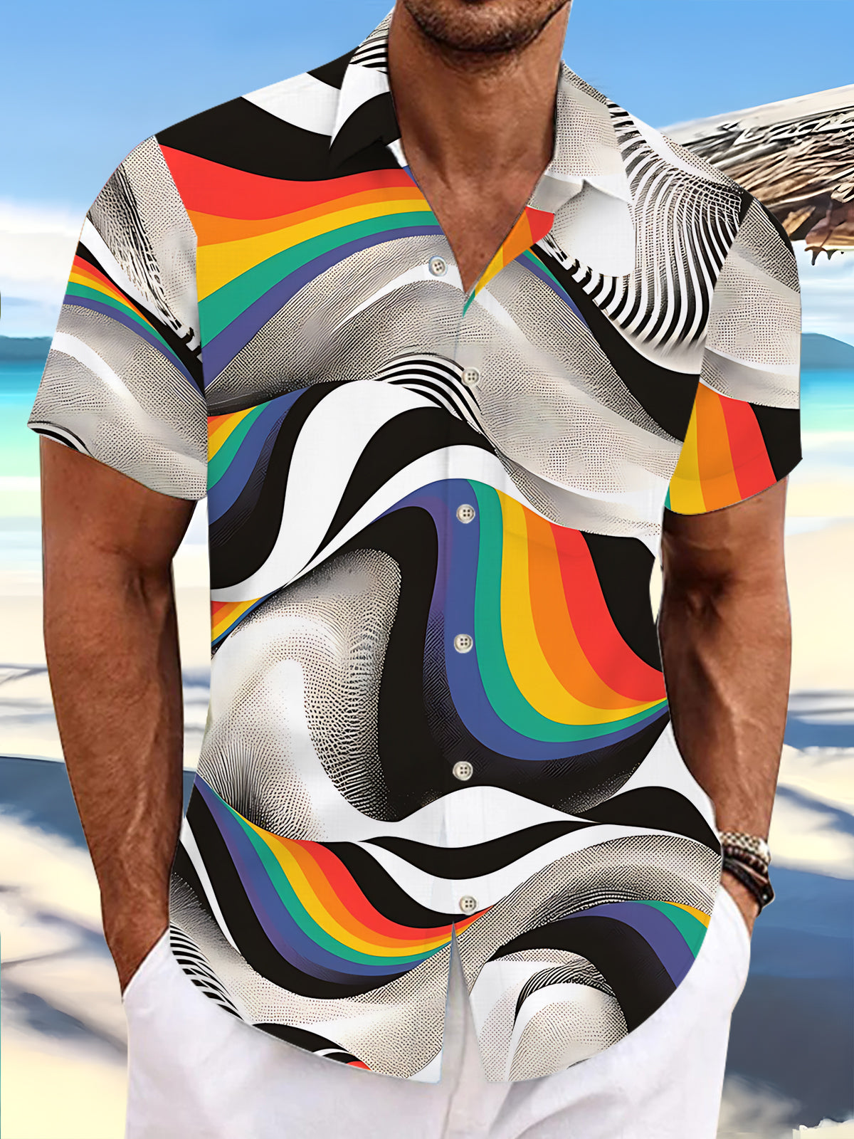 Adaychic Men's Printed Rainbow Wave Lines Print Short Sleeve Shirt with Chest Pocket