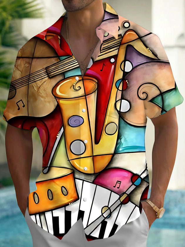 Adaychic Men's Graphic Musical Instruments Print Short Sleeve Shirt with Chest Pocket