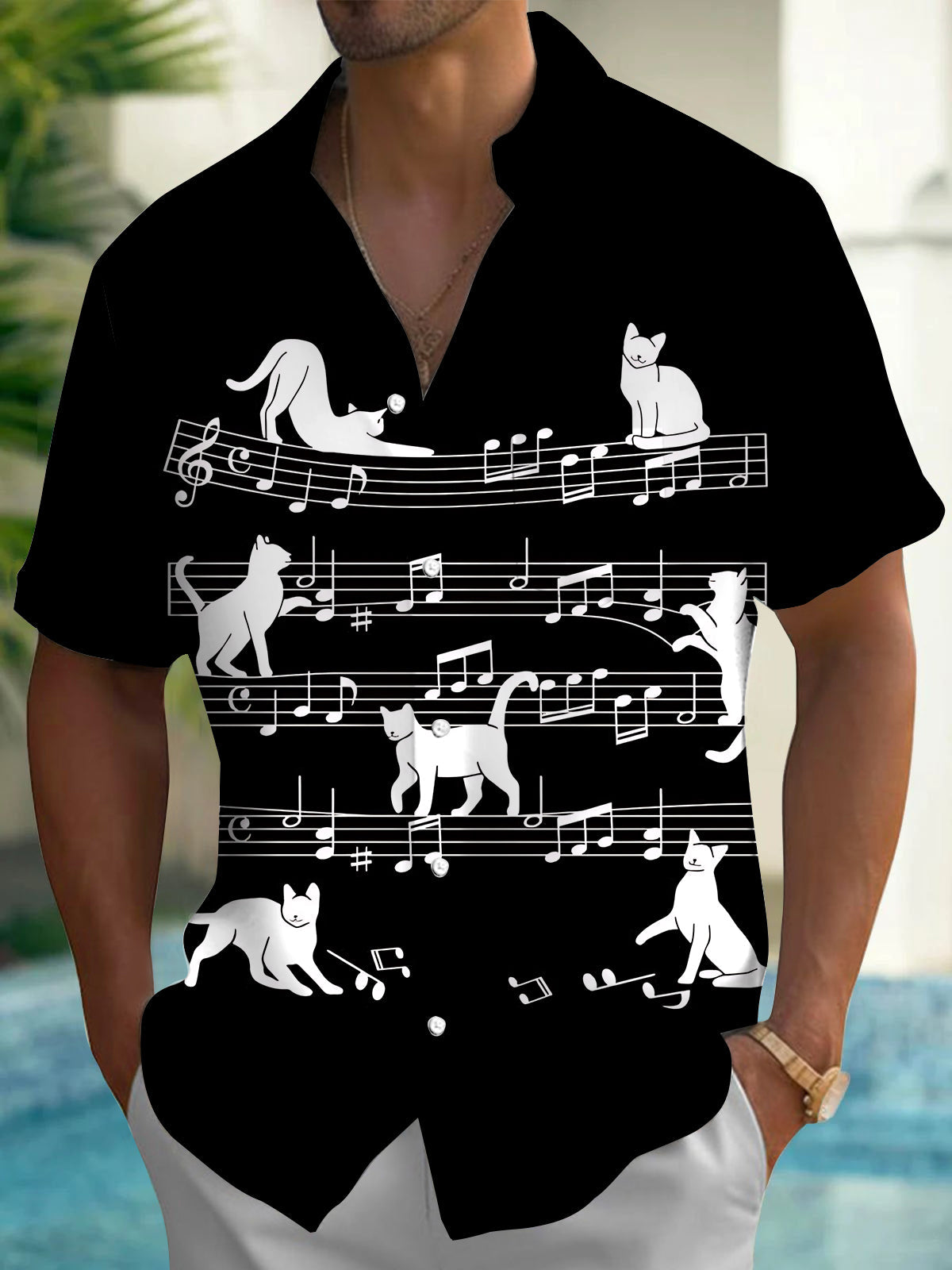 Adaychic Men's Graphic Cat On Musical Staff Print Short Sleeve Shirt with Chest Pocket