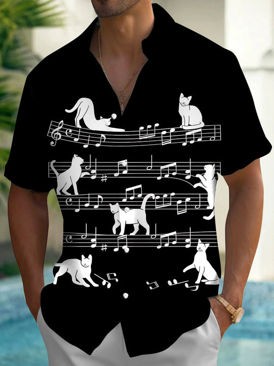 Adaychic Men's Graphic Cat On Musical Staff Print Short Sleeve Shirt with Chest Pocket