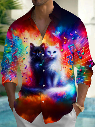 Adaychic Men's Graphic Colorful Cats Print Long Sleeve Shirt with Chest Pocket