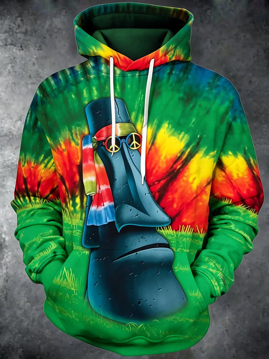Adaychic Men's Hawaiian Tiki Statue With Peace Sign Print Long Sleeve Hoodie with Chest Pocket