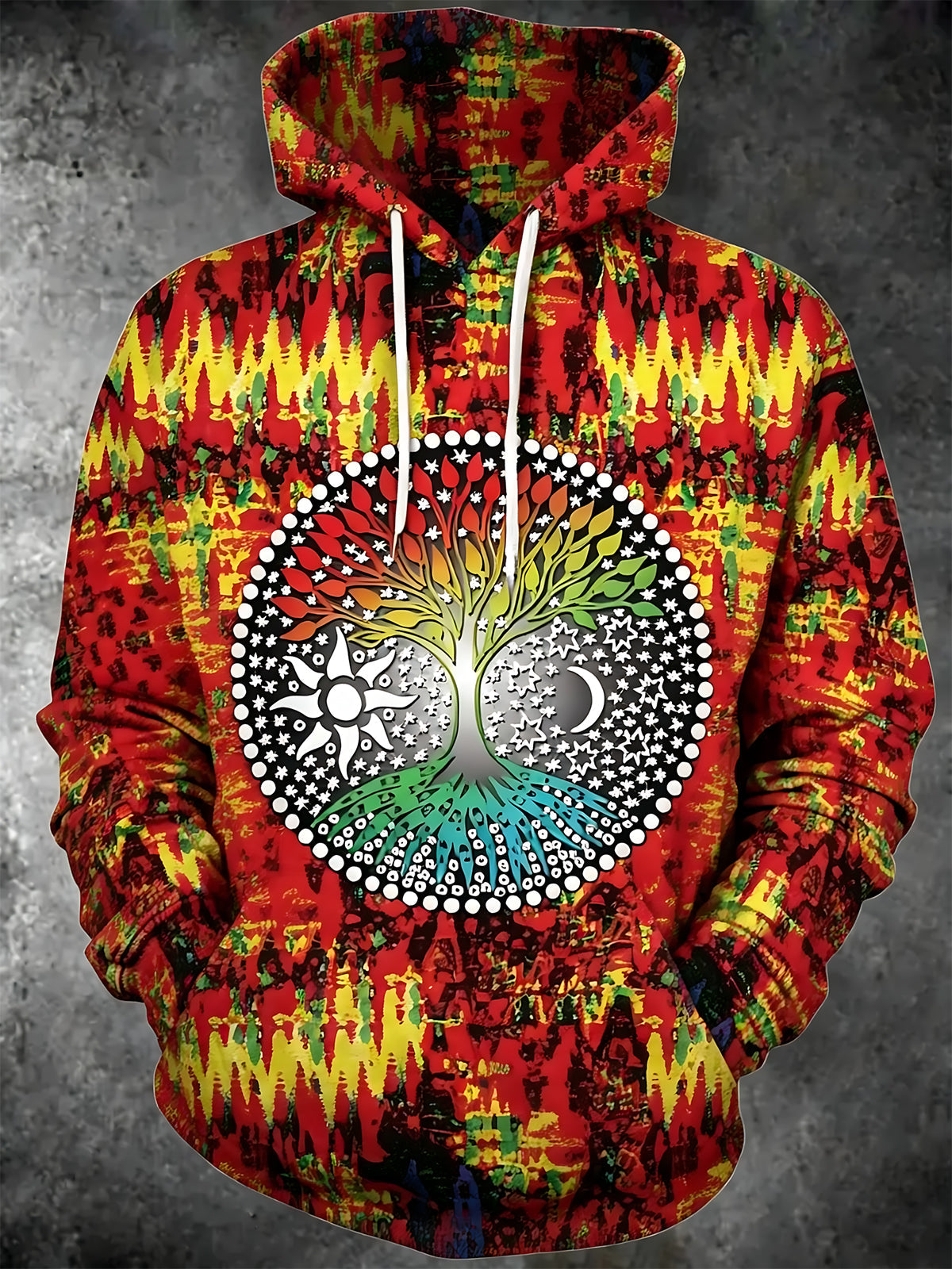 Adaychic Men's Tie Dye Tree Of Life Print Sun And Moon Print Long Sleeve Hoodie with Chest Pocket