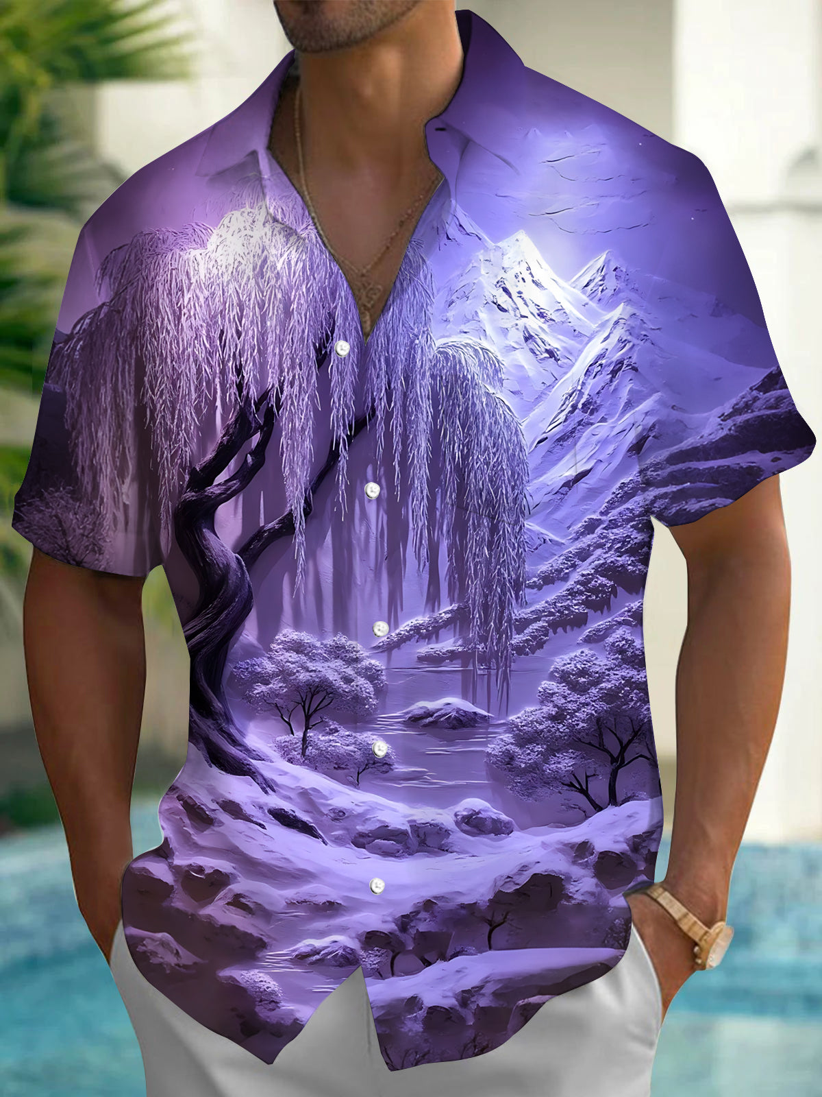 Adaychic Men's Graphic Purple Landscape Print Short Sleeve Shirt with Chest Pocket