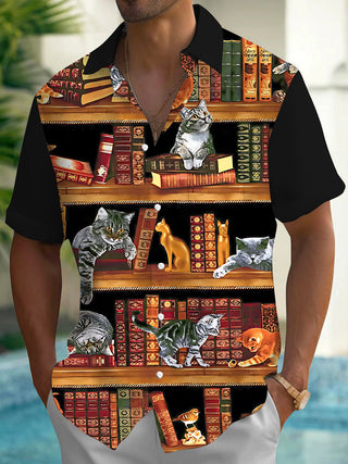 Adaychic Men's Graphic Cats On Bookshelves Print Short Sleeve Shirt with Chest Pocket