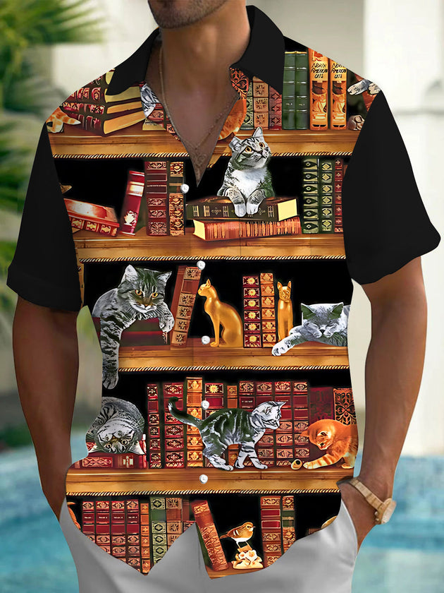Adaychic Men's Graphic Cats On Bookshelves Print Short Sleeve Shirt with Chest Pocket