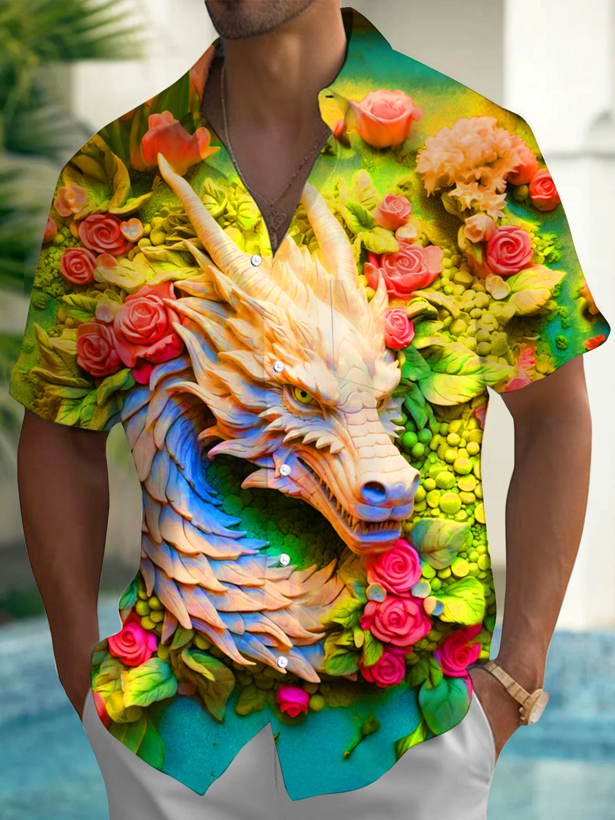 Adaychic Men's Graphic 3D Dragon Head Print Short Sleeve Shirt with Chest Pocket