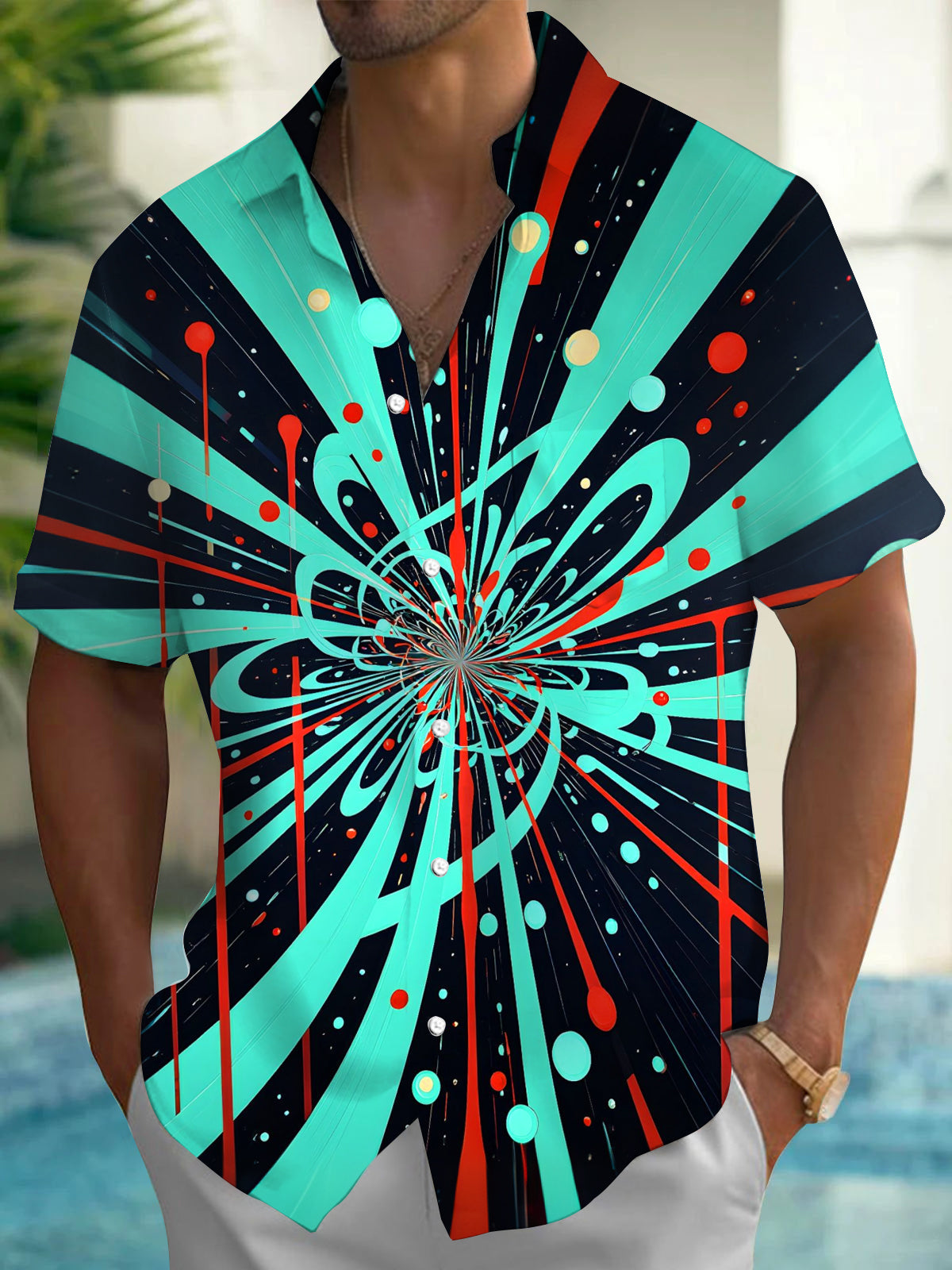 Adaychic Men's Graphic Abstract Spiral Geometric Lines Print Short Sleeve Shirt with Chest Pocket