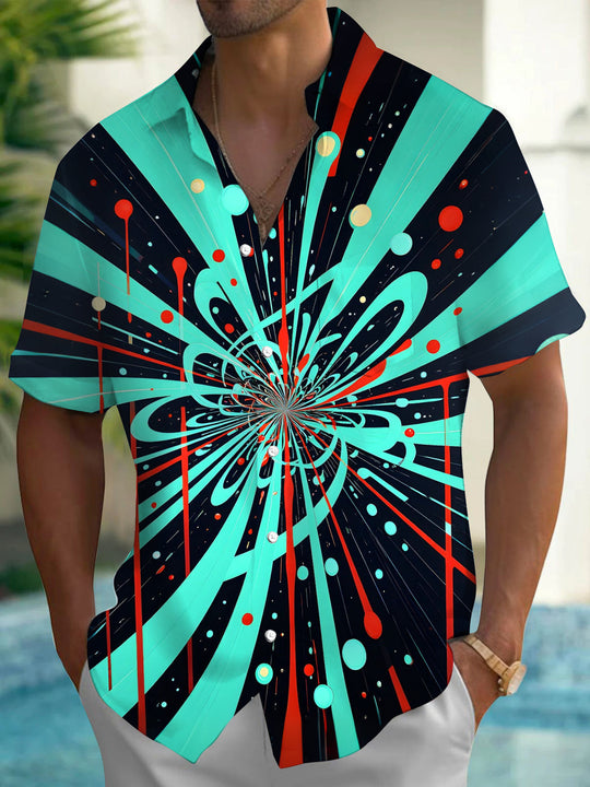 Adaychic Men's Graphic Abstract Spiral Geometric Lines Print Short Sleeve Shirt with Chest Pocket