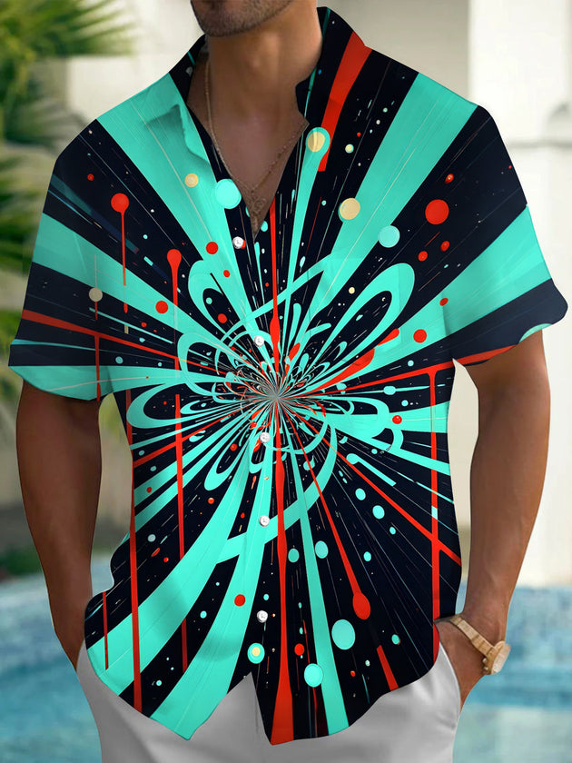 Adaychic Men's Graphic Abstract Spiral Geometric Lines Print Short Sleeve Shirt with Chest Pocket