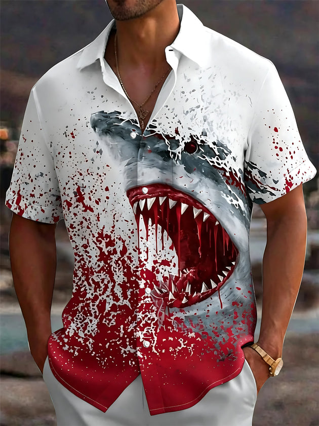 Adaychic Men's Graphic Halloween Print Short Sleeve Shirt with Chest Pocket
